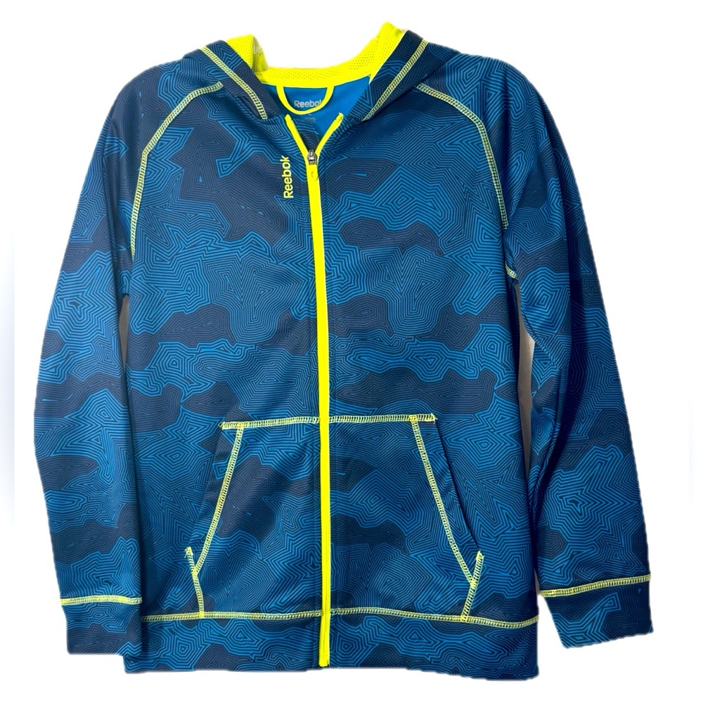 REEBOK Hooded Mid weight Full zip Fleece lined Jacket Blue & Neon Yellow Large